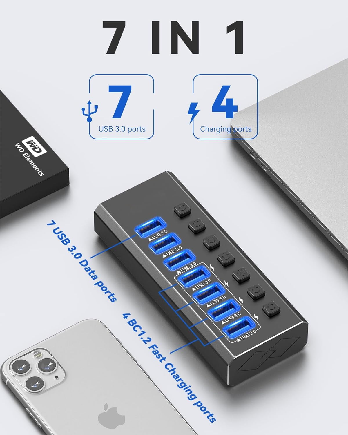 Powered USB Hub 3.0,AUBEAMTO 7-Port USB 3.0 Hub [Durable Aluminum] 7 Data Transfer Ports+ 4 Smart Charging Ports with Individual On/Off Switches, USB Hub 3.0 Powered with Power Adapter for Laptop PC