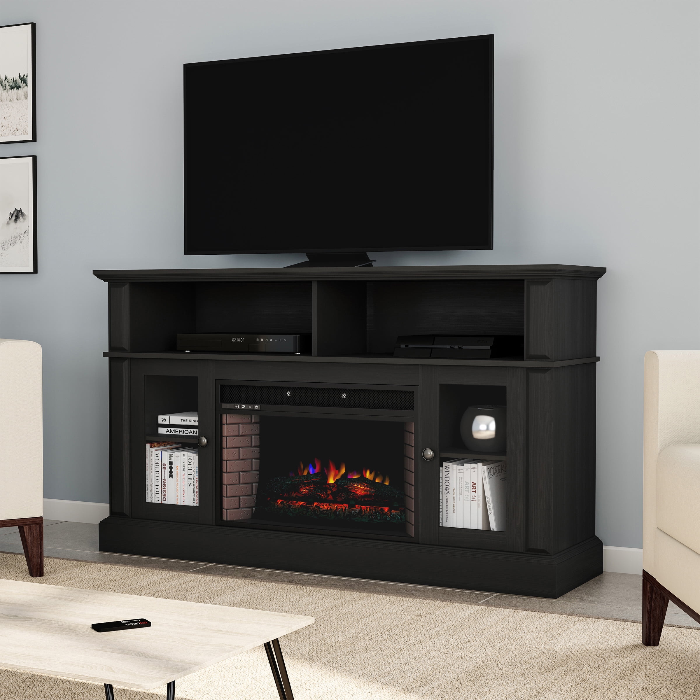 Big tv deals stand with fireplace
