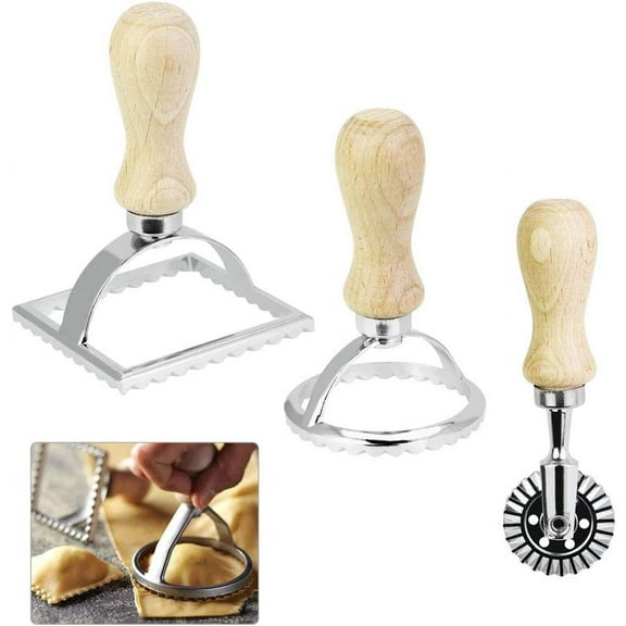 LYTIVAGEN 3 PCS Ravioli Stamp Set Ravioli Cutter with Wooden Handle Ravioli Maker for Making Ravioli, Empanadillas or Cookies