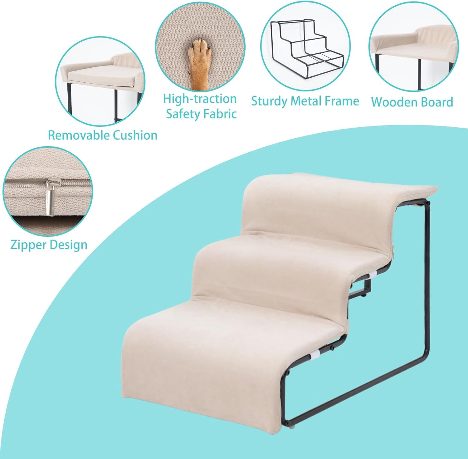 3-Step Pet Stairs with Soft Cushion, Non-Slip Gentle Slope Pet Steps, Sturdy Safe Climbing Stairs for Small Medium Dogs Cats, Easy Access to Bed Sofa Chair Windowsill