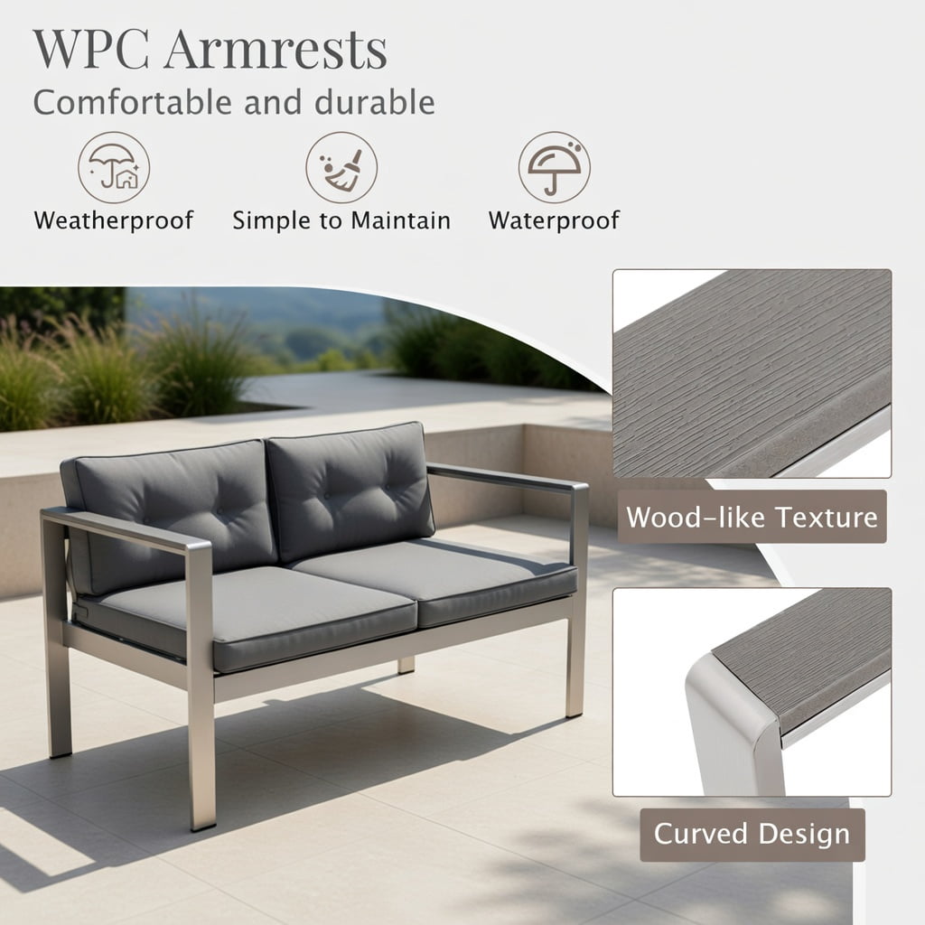 Hommoo Modern 2-Person Aluminum Outdoor Sofa Chair with WPC Armrests, Cushions & Silver Frame, All-Weather Balcony, Patio, Backyard Seating, Gray