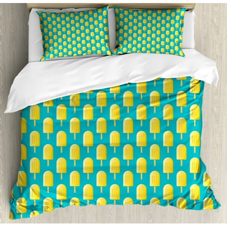 Yellow And Blue Queen Size Duvet Cover Set Ice Cream Pattern