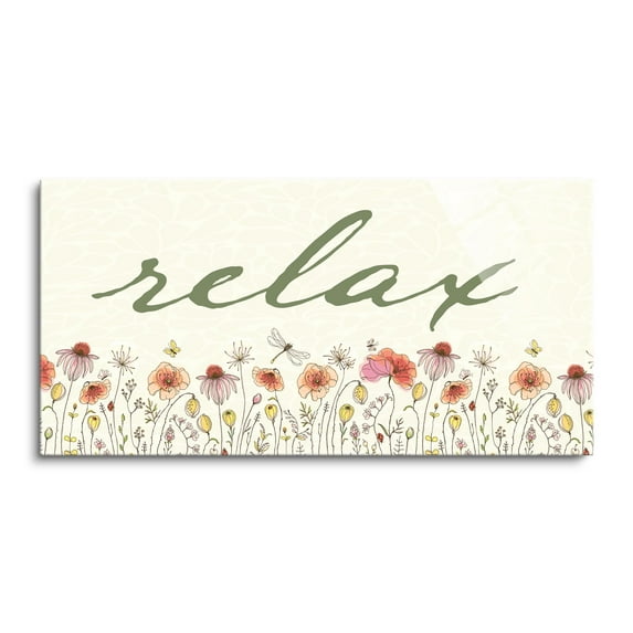 Relax Pink Peach Yellow Floral 36 x 18 Glass Wall Hanging Sign