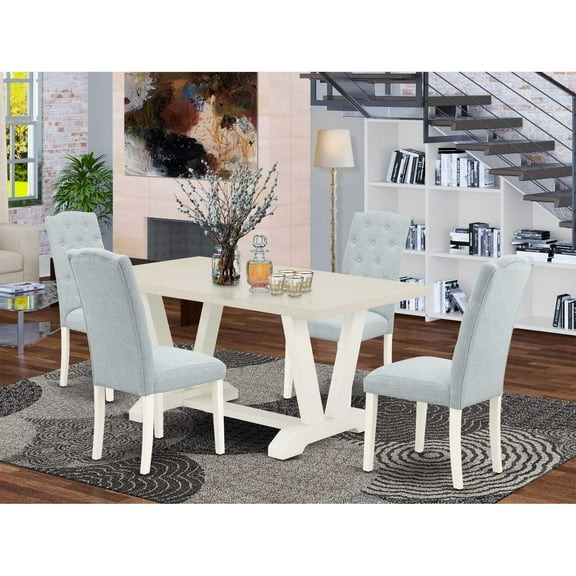 East West Furniture 5-Pc Dining Room Table Set- 4 Parson Chairs with Baby Blue Linen Fabric Seat and Button Tufted Chair Back - Rectangular Table Top & Wooden Legs - Linen White Finish