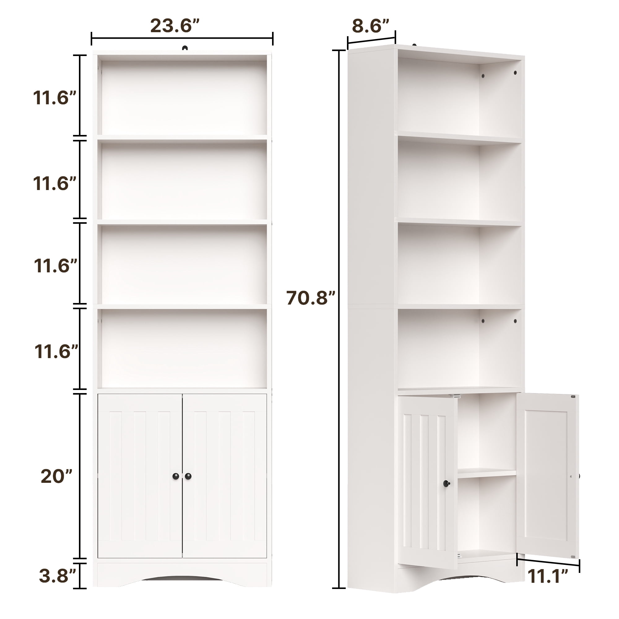 Tall Bookshelf, Lofka Bookcase with Doors , 4 Tier Storage Bookshelf for Home Office, Living Room, White