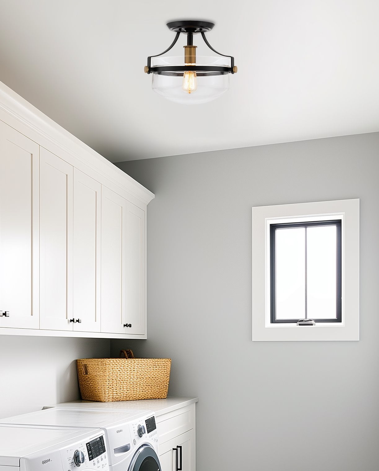 Kira Home Zurich 12" Rustic Farmhouse Semi-Flush Mount Ceiling Light + Glass Shade, Warm Brass Accents, Black Finish