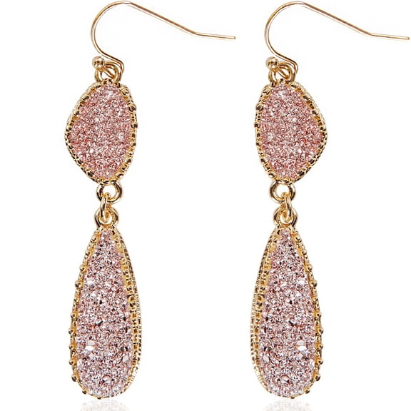 Humble Chic Rose Gold Druzy Drop Dangles - Long Double Teardrop Earrings for Women