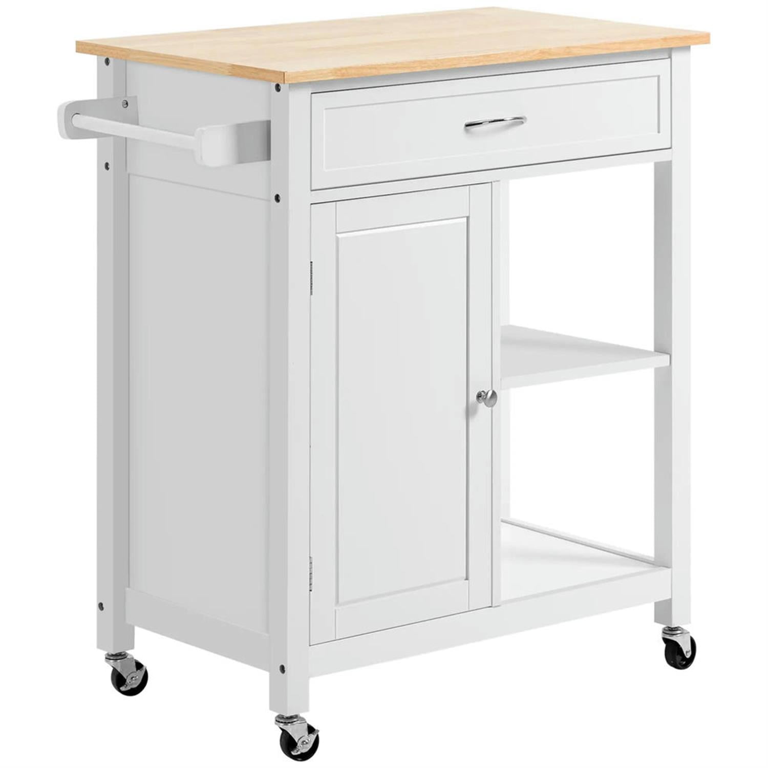 Demi Bonn 34" Kitchen Island Cart on Wheels with Storage Shelf, Rolling Dining Room Serving Utility Carts Mobile Movable with Wood Top and Drawer, White