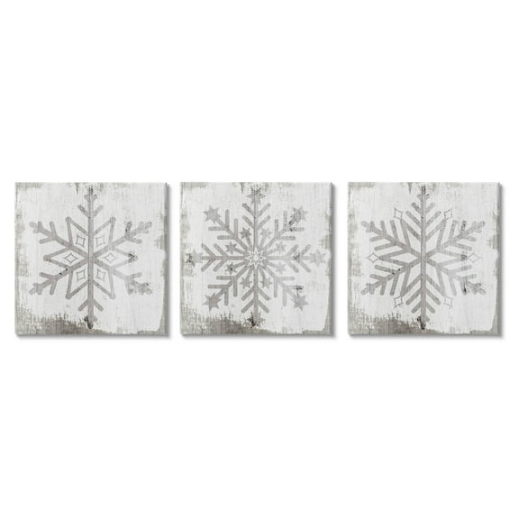 Seasonal Winter Snowflake Snow Shapes Holiday Graphic Art Gallery Wrapped Canvas Print Wall Art, Set of 3