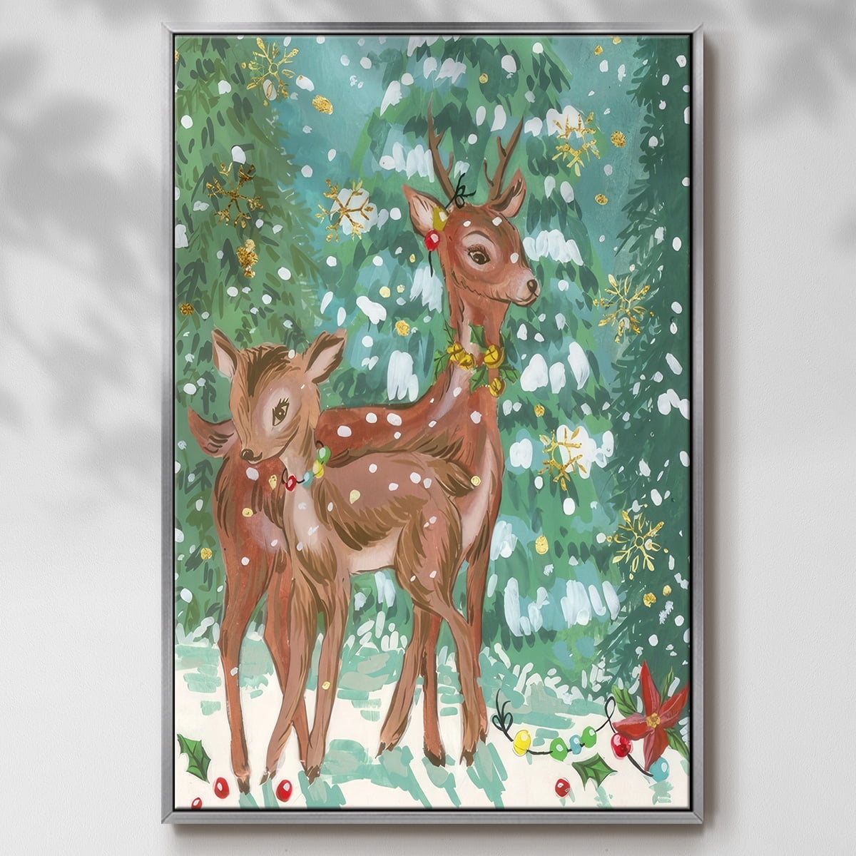 Doe and Fawn II - Framed Gallery Wrapped Holiday Canvas - 17 x 25 - Silver Frame