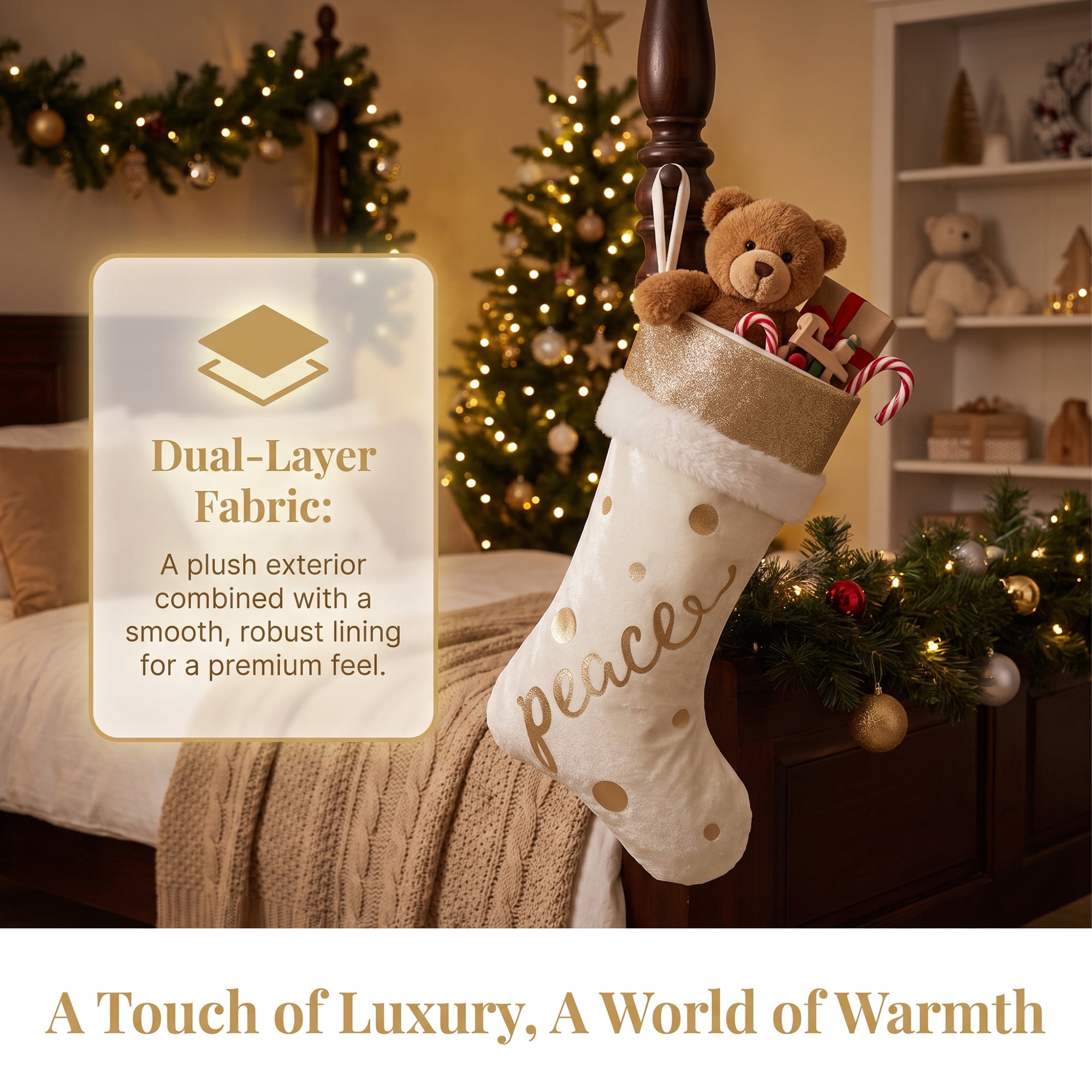 Unique Bargains Shabby Chic Stocking Luxury Double Layer Velvet Sock Gold 18"  "Peace "