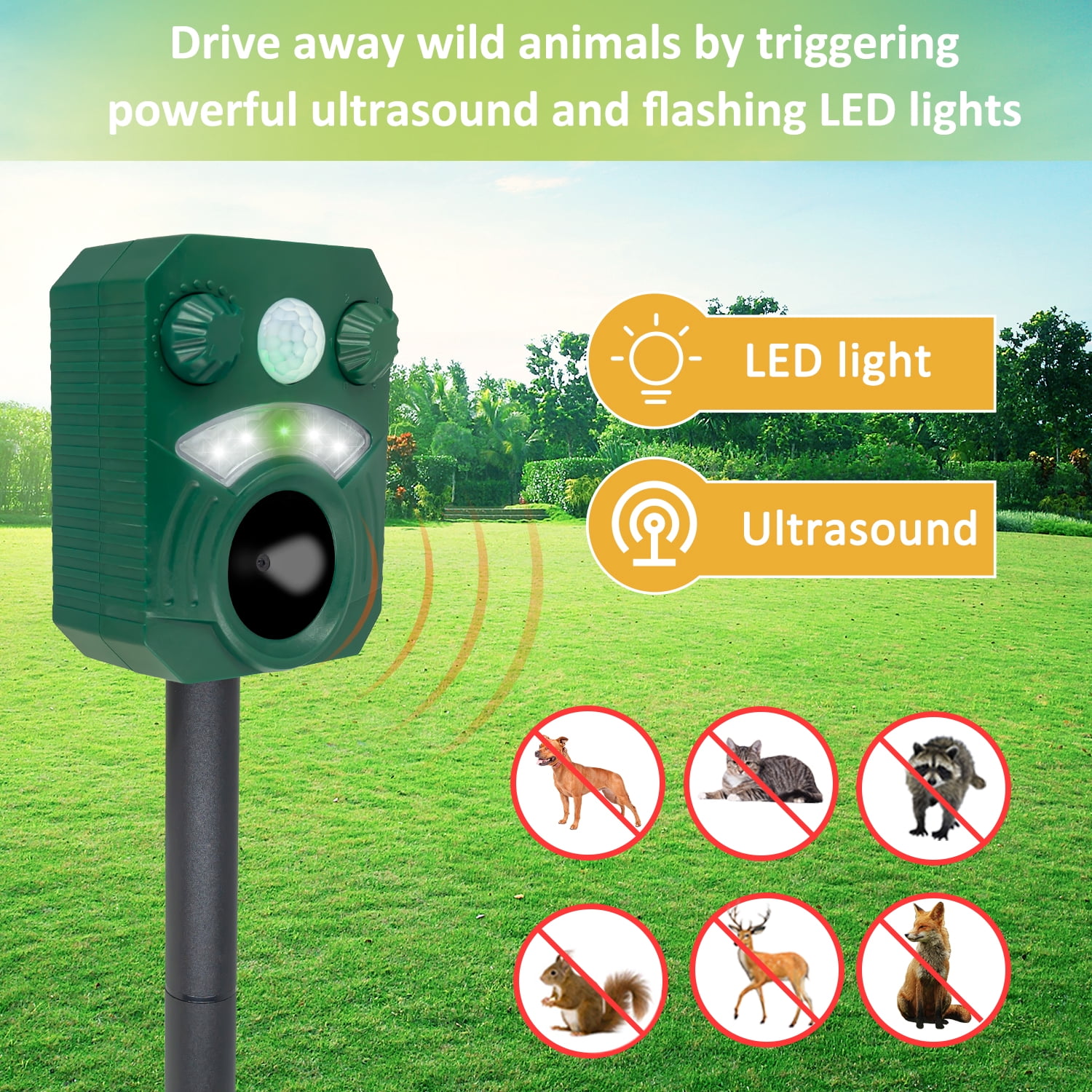 2 Pack Solar Ultrasonic Wildlife Repellent with Motion Sensor & LED Lights, AR33 Waterproof Outdoor Deer Repellent Device for Yard, Garden & Lawn – Effective Against Coyotes, Raccoons & Fox