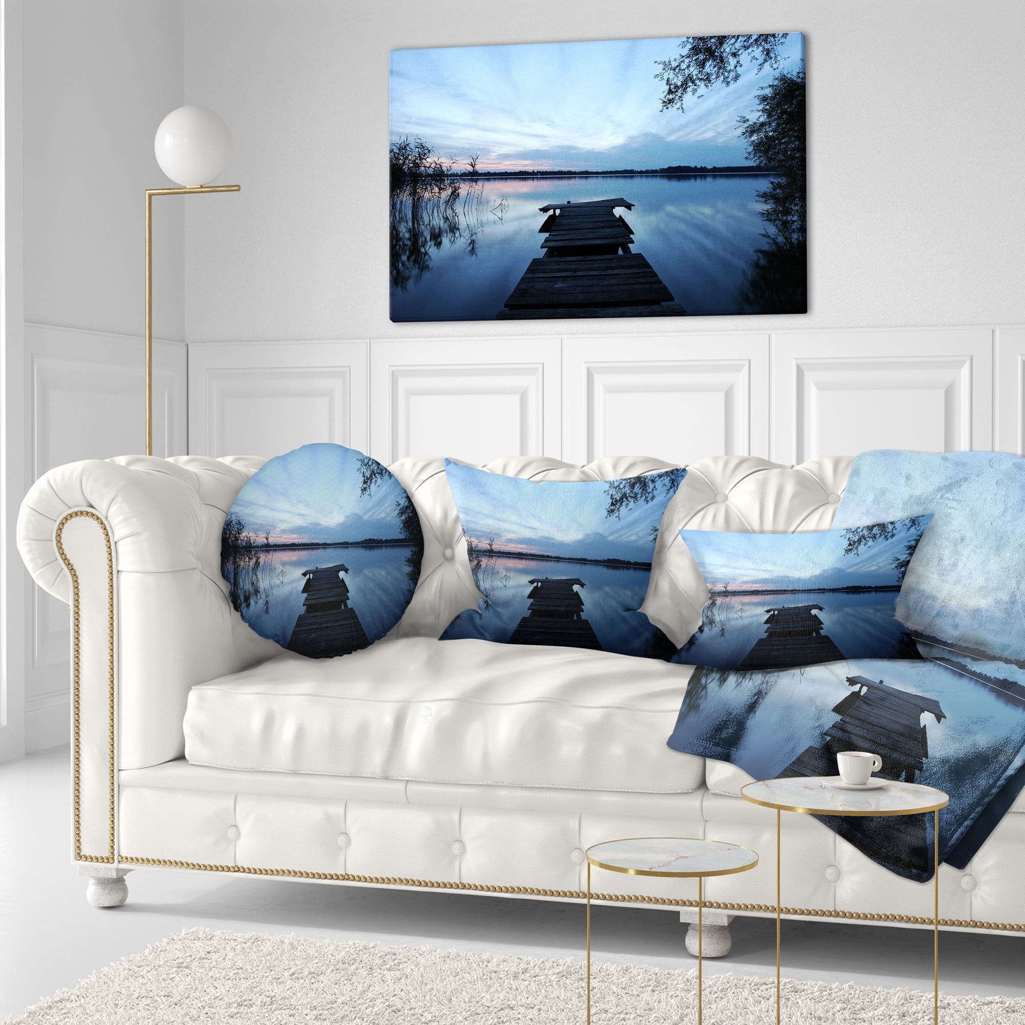 Designart Dark Wooden Pier in Lake - Seascape Throw Pillow - 12x20