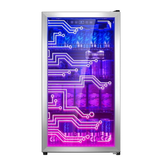 UrbanSync Light Up Beverage Refrigertor, Led Lighting Door 120 Cans Freestanding Beverage Fridge, Cyberpunk Beverage Cooler for Gaming, Gaming Room, Bar, Party