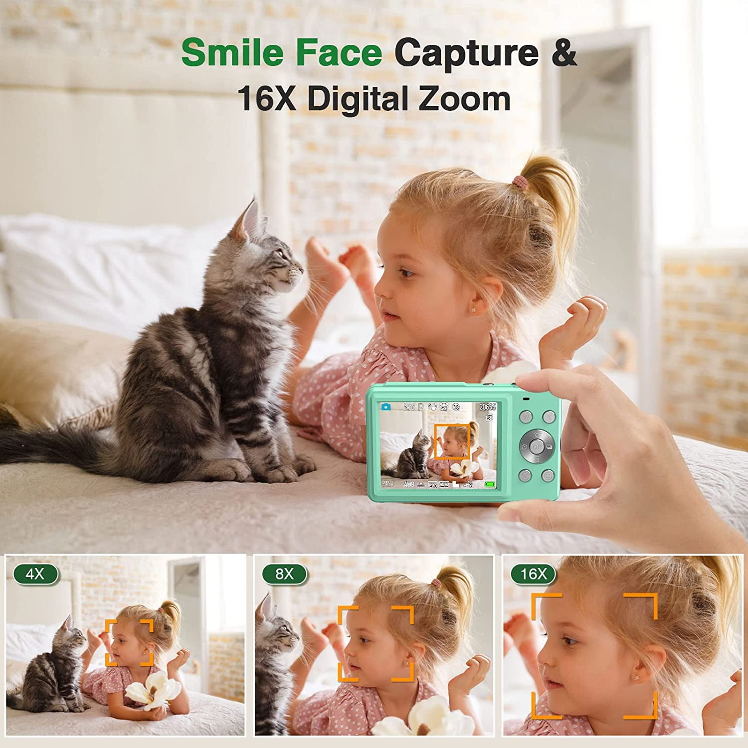 Digital Camera Kids Camera FHD 1080P 44MP Vlogging Cameras with 16X Digital Zoom for Kids Teens Seniors with 32GB Card (Green)