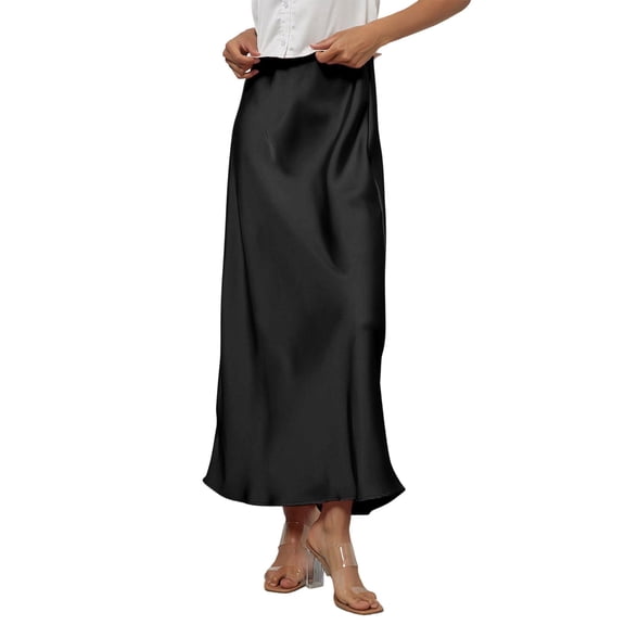 LWavelet Satin Maxi Skirt Women Elegant Evening Party Flowy Versatile Bottoms Black L