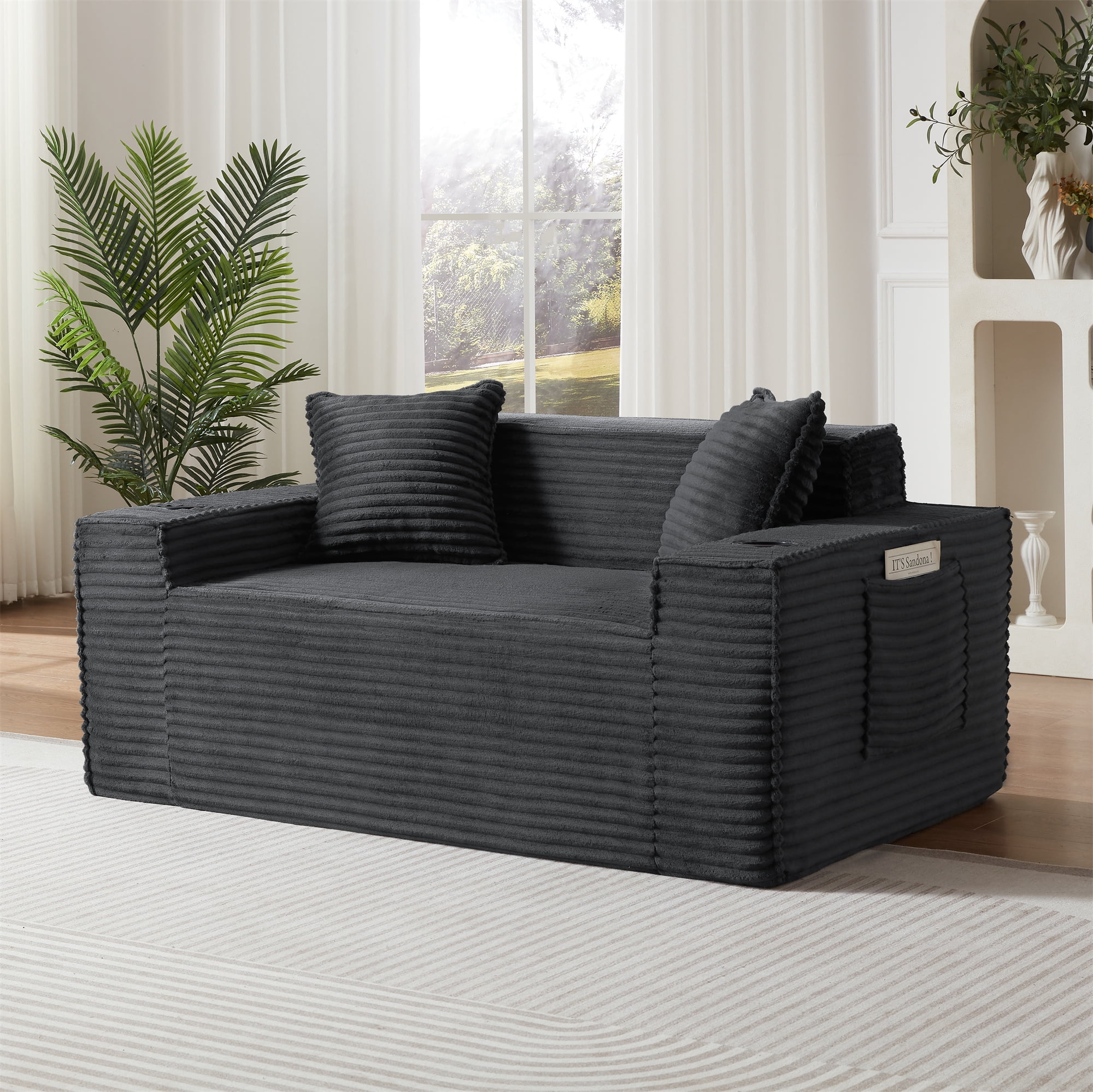 Aukfa 3 Piece Sofa Set - 61" Deep Seat Boneless Couch Loveseat w/ 2 Cup Holders&Side Pockets, Gray