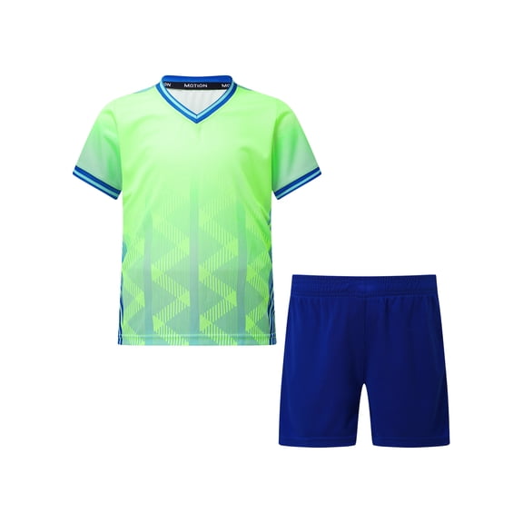 JanJean Soccer Uniforms for Kids Boys Football Jersey V Neck Practice T Shirt and Sport Shorts Set Fluorescent Green S