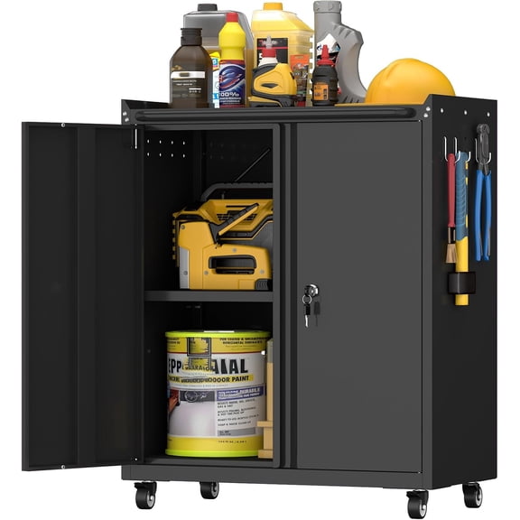 Metal Cabinet with Wheels, Steel Cabine with Locking Doors, Small Cabinet with Adjustable Shelf, Tool Cabinets for Garage, Suitable for Home Office, Garage, Office
