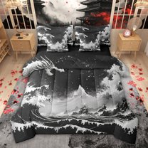 Feelyou Japanese Ocean Wave Comforter Set 7pcs, Starry Sky Black Grey Full Bedding Set