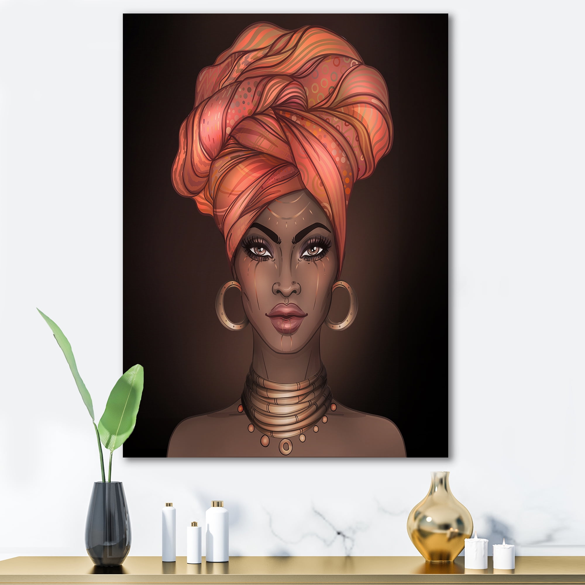 Designart ' African American Woman Portrait with Turban V ' Modern Canvas Wall Art Print