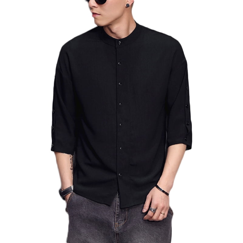 Men Chinese Style 3/4 Sleeve Collarless Casual Button Up Shirts ...