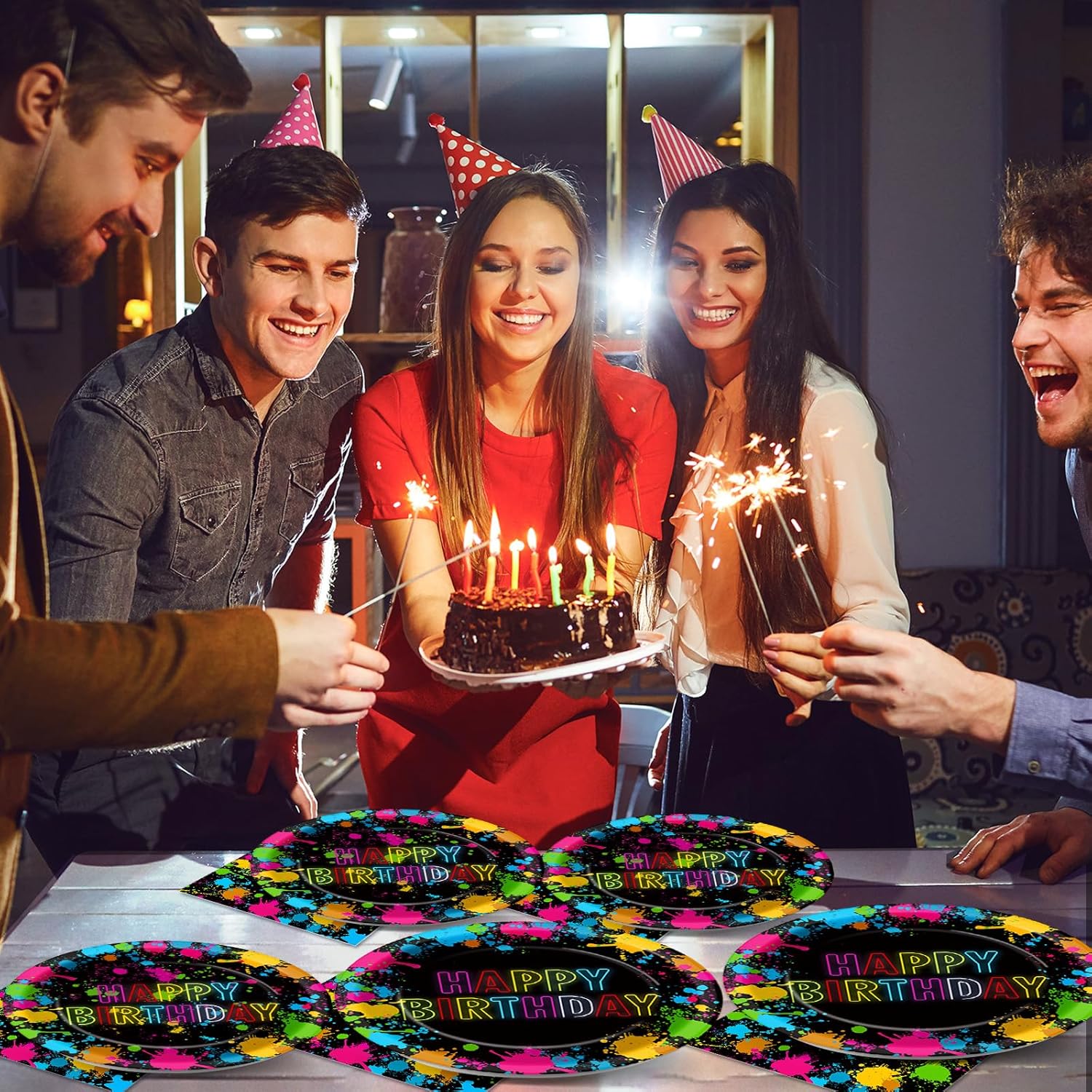 Neon Glow Party Supplies For 50 Guests | Colorful Graffiti-Themed Plates, Napkins, Forks Disposable Tableware For Birthday Celebrations