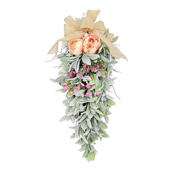 Lamb's Ear And Peony Teardrop Swag 23.6 Inch Farmhouse Floral Decor With Burlap Bow For Front Door Porch Window And Home Wall Decor