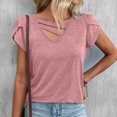 thumbnail image 2 of Mujer Verano Manga Corta Cuello En V Suelto Estilo Casual Color Puro Manga Pétalo Top para Citas Viajar Compras, 2 of 6