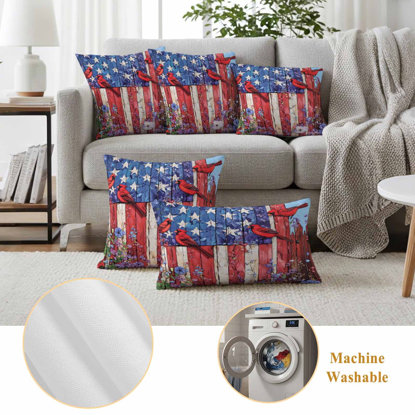 Cardinal Bird Flower Pillow Covers 2 Pack 4th of July Pillowcase Waterproof Outdoor Throw Pillow Cover for Patio Garden Square Cushion 18”x18”