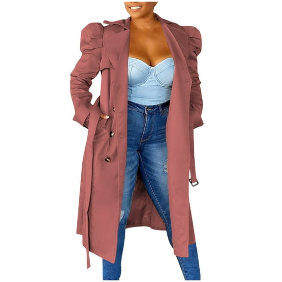 Generic Women's Long Ruffles Sleeve Coat Lapel V Neck Double Breasted Trench Coat Lapel Overcoat Jacket with Belt Outerwear