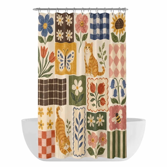 Country Pathwork Shower Curtain - Water Repellent Fabric Shower Curtains Washable, Farmhouse Vintage Cat Flowers Plaid Decorative Polyester Cloth Bathroom Curtains Modern Bath Decor 36"x72"