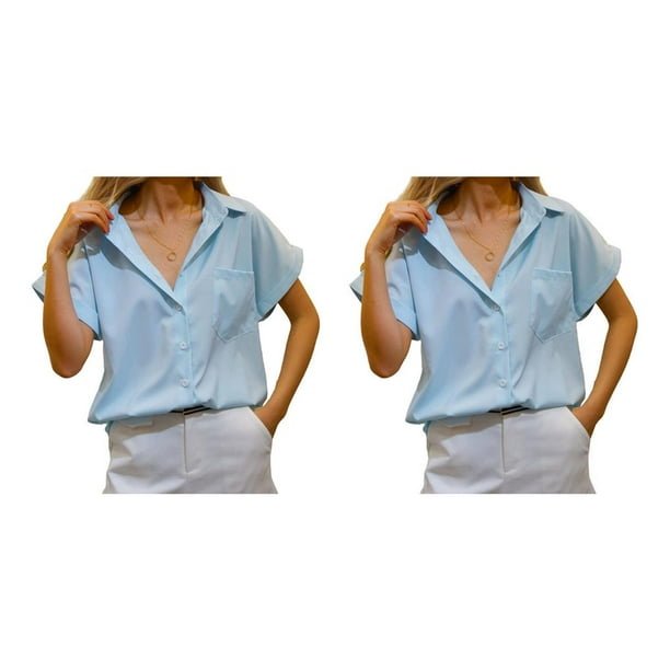 Minnieouse Camisa de mujer Blusa de manga corta Office Lady Beach Vacation Elegante verano Top Ropa Accesorios Azul claro XL Type1 NO1 Minnieouse CBP235255