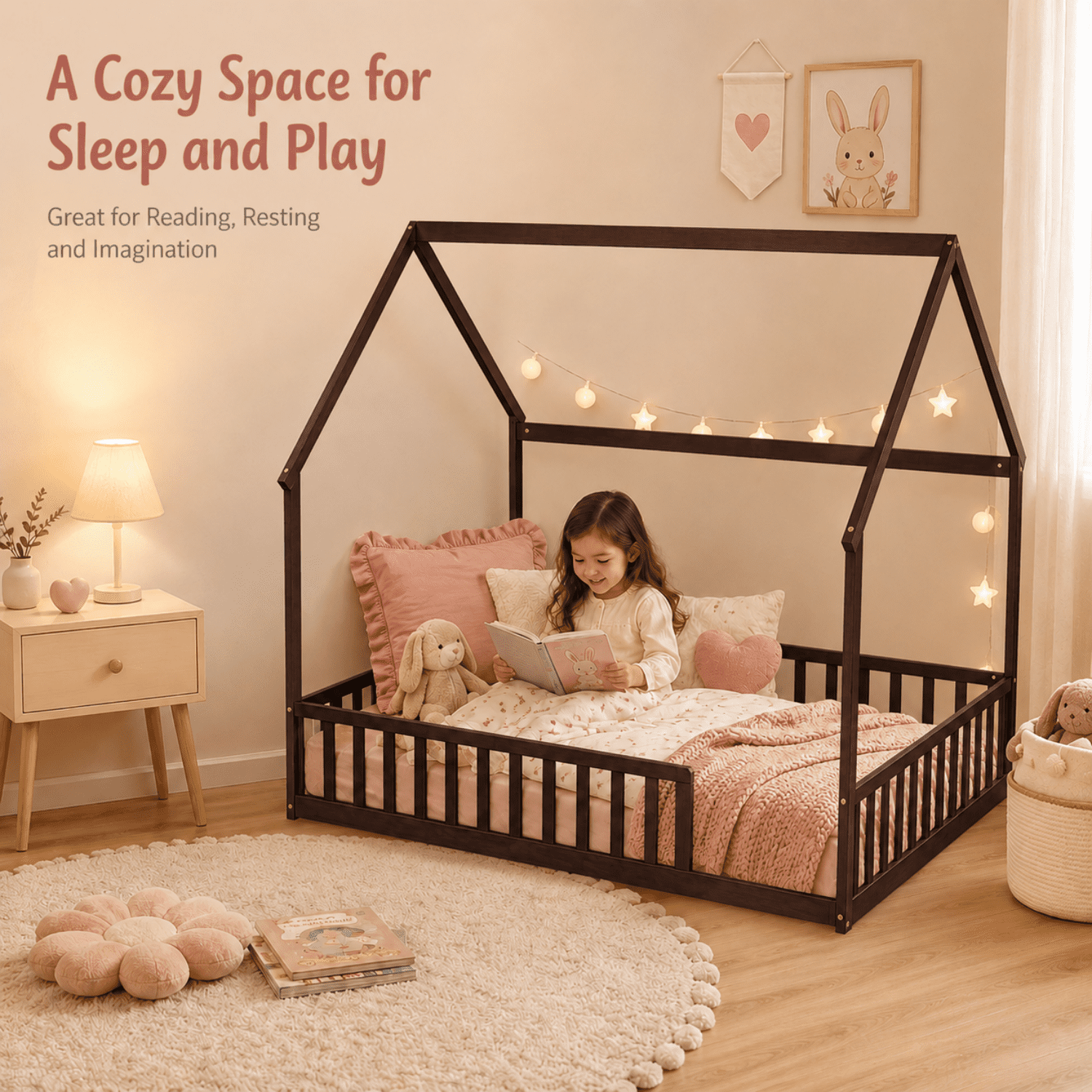 Miniyam Full Size Kids House Floor Bed with Fence, Wood Montessori Bed Frame, Espresso