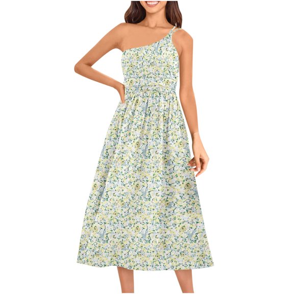Women's Summer Sleeveless One Shoulder Dress Boho Floral Print Midi Dress High Waist A-Line Flowy Beach Sundress