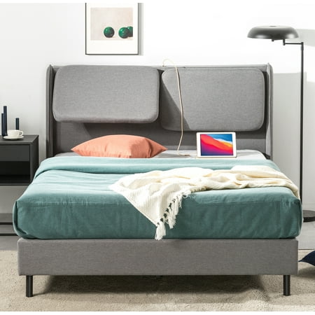 Zinus 41 Avery Platform Bed Reclining Fabric Headboard and USB Ports Grey King