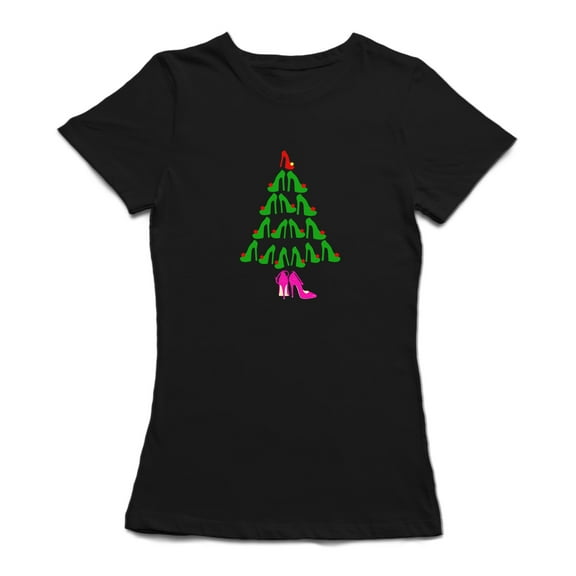 High Heel Shoes Christmas Pine Tree Women Black T-Shirt, Female Large