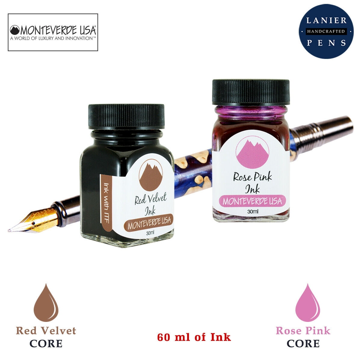 Monteverde 60ml Core Fountain Pen Ink Bottle (30ml Red Velvet Ink Bottle G309RV, 30ml Rose Pink Ink Bottle G309RP)