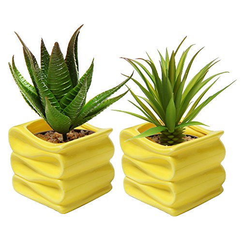 MyGift Petit Pot de Plante en Céramique Jaune de 4 Pouces pour Intérieur, Mini Jardinières Décoratives Modernes avec Design Ruban Bonbon, Ensemble de 2