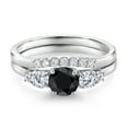 thumbnail image 4 of Gem Stone King 10K White Gold 5-Stone Bridal Engagement Wedding Ring Set for Women | Black Sapphire White Moissanite and Lab Grown Diamond  | 1.00 Cttw | Wedding Anniversary Promise Ring | Size 9, 4 of 6