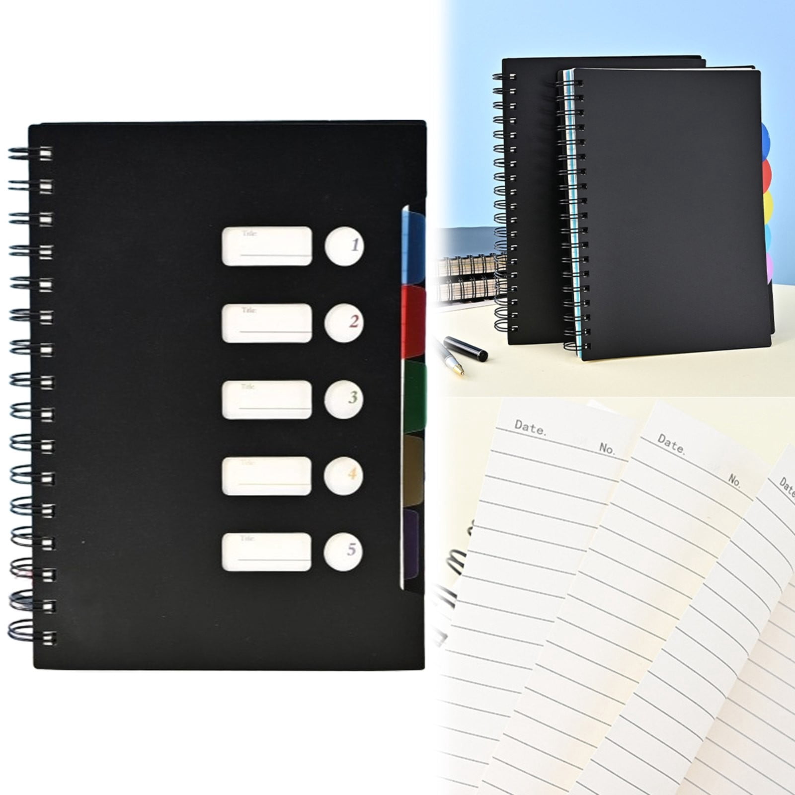 VKLU Wirebound Tabbed Notebook A5, 5 Section College Ruled Journal with Dividers, Modern Mechanical Hardcover Planner for Business & Engineering, 300 Pages, Grid Black