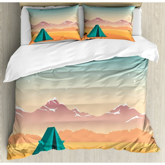 Camping Queen Size Duvet Cover Set, Travel Tent on a Barren Rural Autumn Field Distant Snowy Mountains and Starry Sky, Decorative 3 Piece Bedding Set with 2 Pillow Shams, Multicolor, by Ambesonne