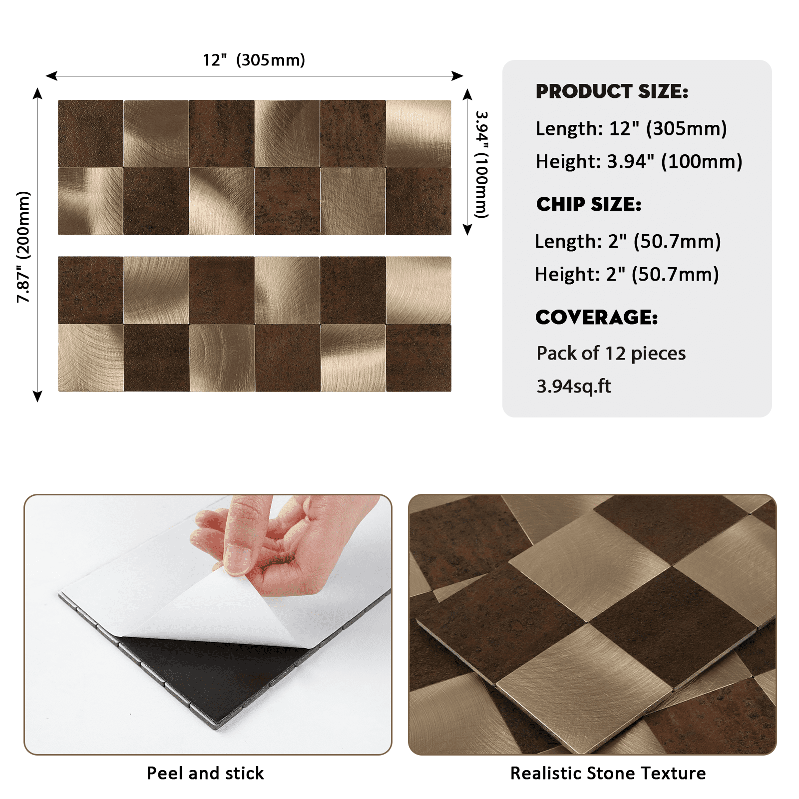 12-Sheet Peel and Stick Backsplash, 12" x 4" PVC Marble Look Self Adhesive Stick on Wall Tiles for Kitchen Bathroom Fireplace (Dark Brown)