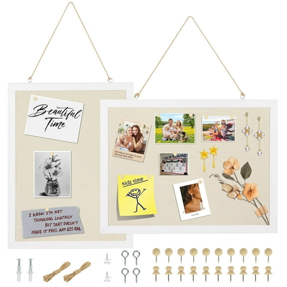 PHANCIR 2-Pack Linen Bulletin Boards, Linen Cork Boards for Home Kitchen Office with 20 Wooden Pins, White