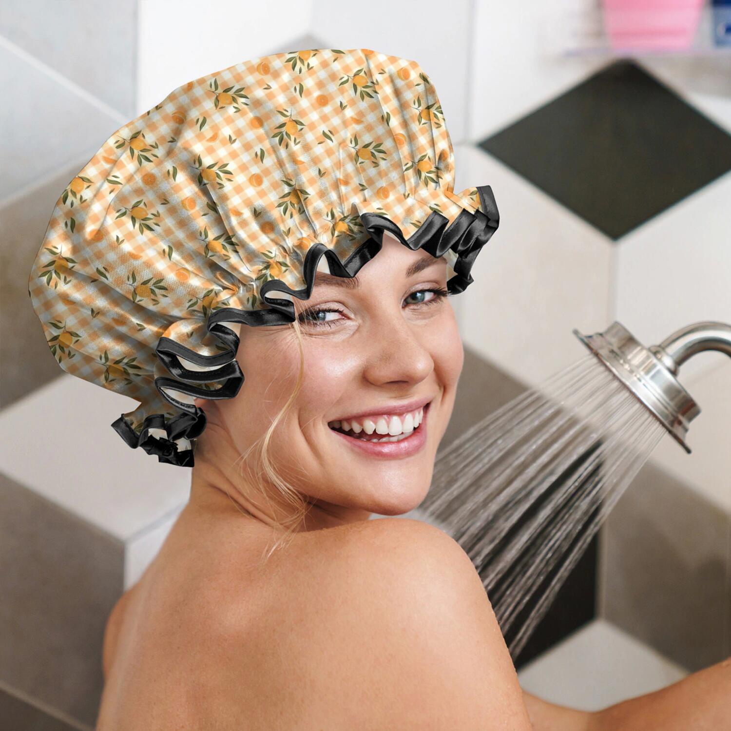 Shower Caps,Yellow Lemon Fruit Trees Orange Pattern Waterproof Shower Cap for Women 4 Pieces,Double Reusable Hair Cover for Shower PEVA Elastic Stretch Hem