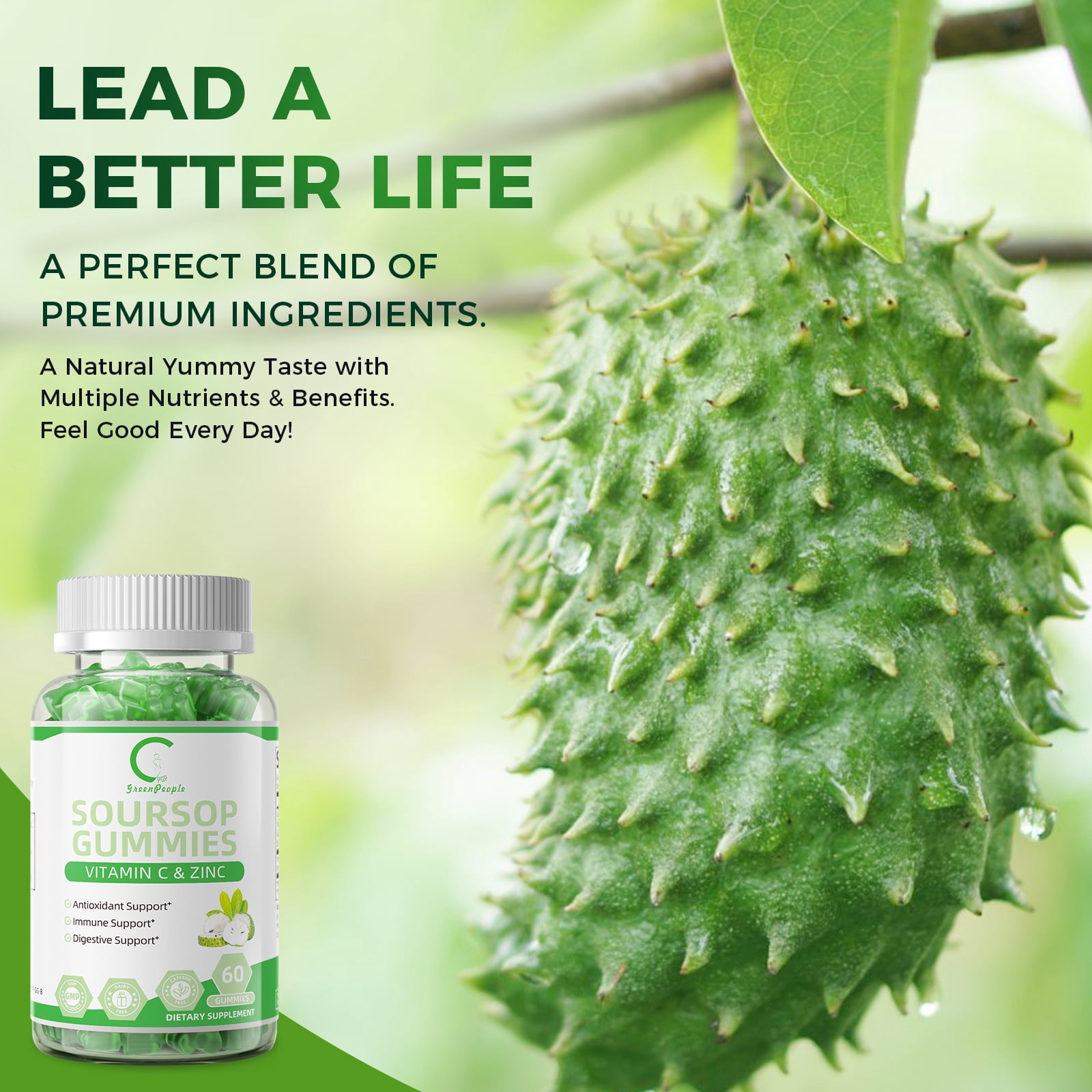 Soursop Graviola Gummies, Organic Soursop Leaves and Seeds Extract with Vitamin C, Zinc, Digestive, Immune Support and Antioxidant Properties, 60 Gummies