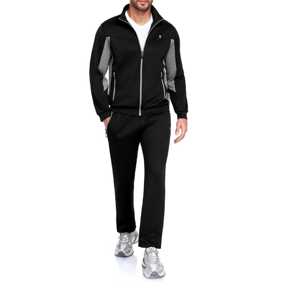 Little Donkey Andy Men's 2 Piece Full Zip Tracksuit Set, 4 Way Stretch Breathable Athletic Outfit with Reflective Details & Zipper Pockets, for Gym Running Outdoor, Black 2XL