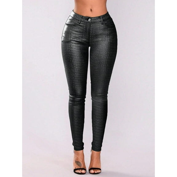 Women High Waist Slant Pocket Embossed Crocodile PU Leather Tapered Skinny Ankle Pants