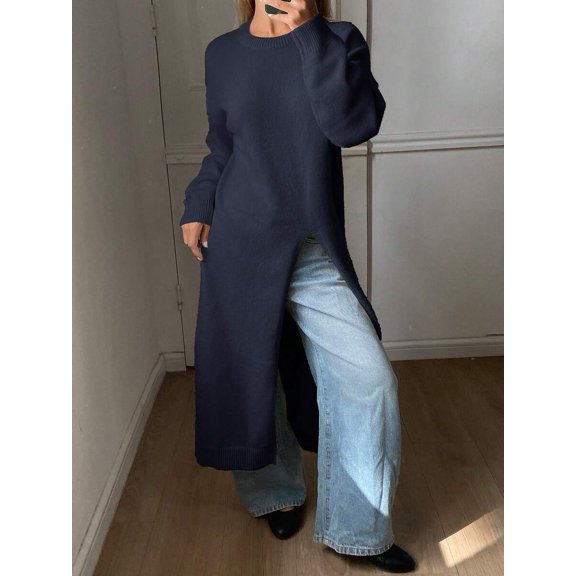 Womens Blue Casual Long Sleeve Split Hem Sweater Dress