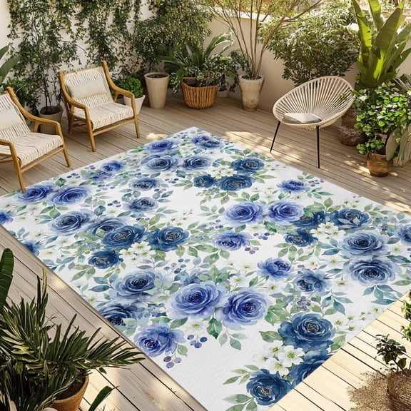 Navy Blue Roses Outdoor Rug for Patio/Deck/Porch, Non-Slip Large Area Rug 5 x 8 Ft, Spring Floral Elegant Pastoral Botanical Indoor Outdoor Rugs Washable Area Rugs, Camping Rug Carpet Runner